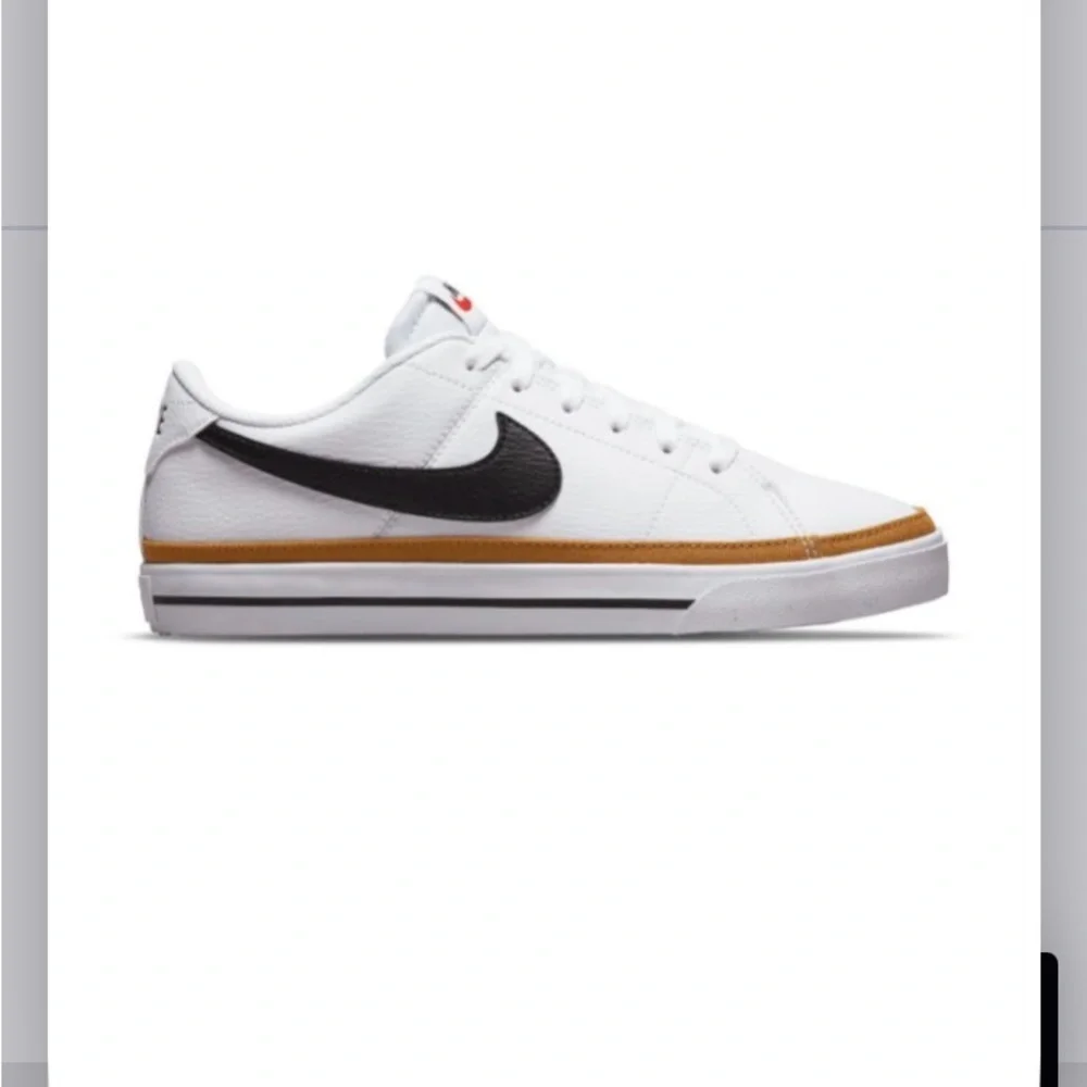 Nike women’s Legacy White Leather Sneakers with Black Swoosh and Tan Accent - Picture 1 of 5